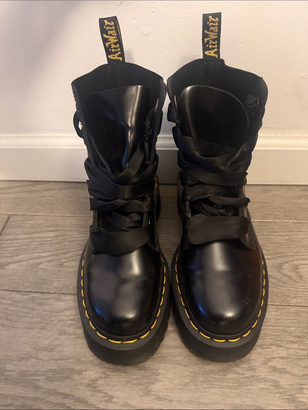 Dr. Martens Black Leather Platform Boots with Yellow Stitching